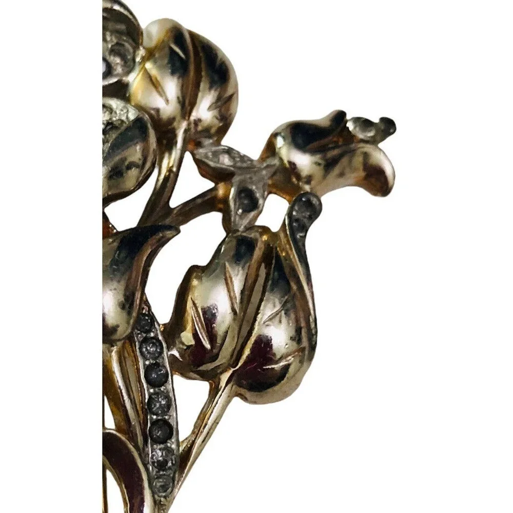 Vtg Sterling Silver Brooch Flower Rock Crystal Gems Big Pin Rare 22 Gram